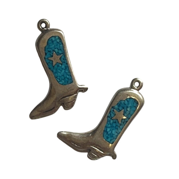 Vintage Crushed Turquoise Sterling Silver Cowboy Boot Western Charm - Lot of 2 - Picture 1 of 9